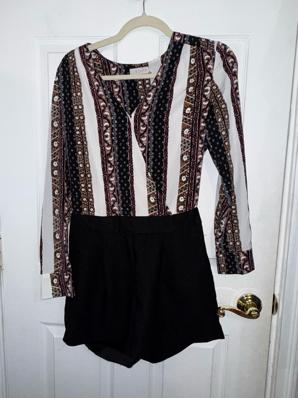 1.STATE Striped Patterned Long-Sleeve Jumpsuit Romper in Black, White and Brown